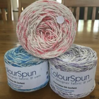 Pure Cotton Confetti Ombre – 6 shades of a colour are randomly sprinkled to to give a dappled effect on a single ball of yarn.
